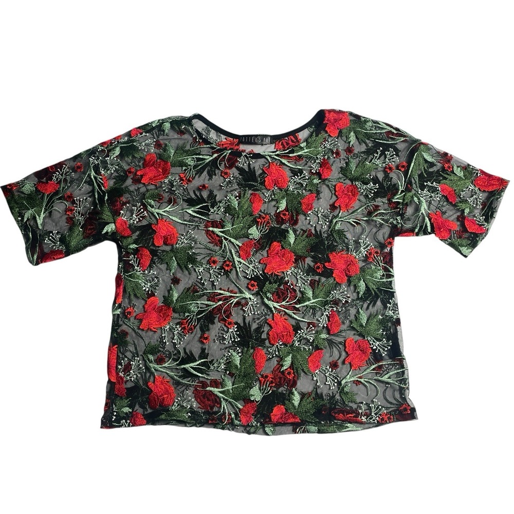Potter's Pot Embroidered Rose Mesh Top Size M Black Sheer Floral Blouse